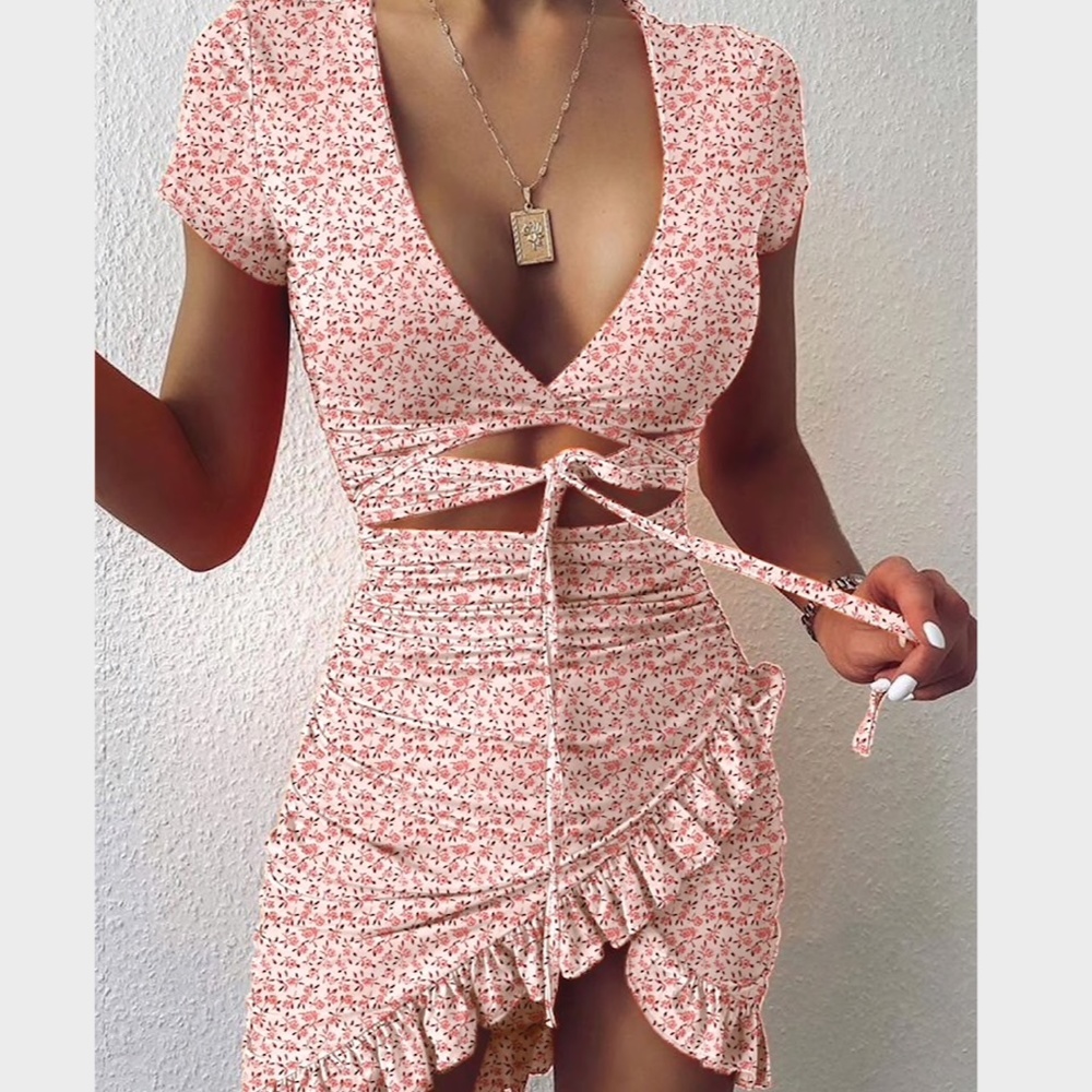 Pink Floral Ruffle Wrap Dress Tie Front Sundress